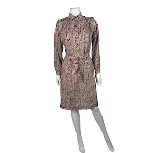 Vintage 80s Brown Shirtdress Womens Medium Batik Print Long Sleeve Belted Dress