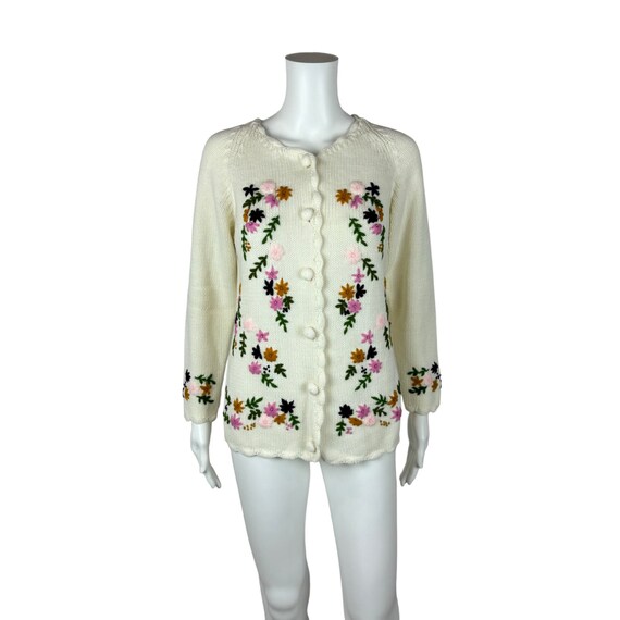 Vintage 60s Floral Cardigan Embroidered Cream Mul… - image 9