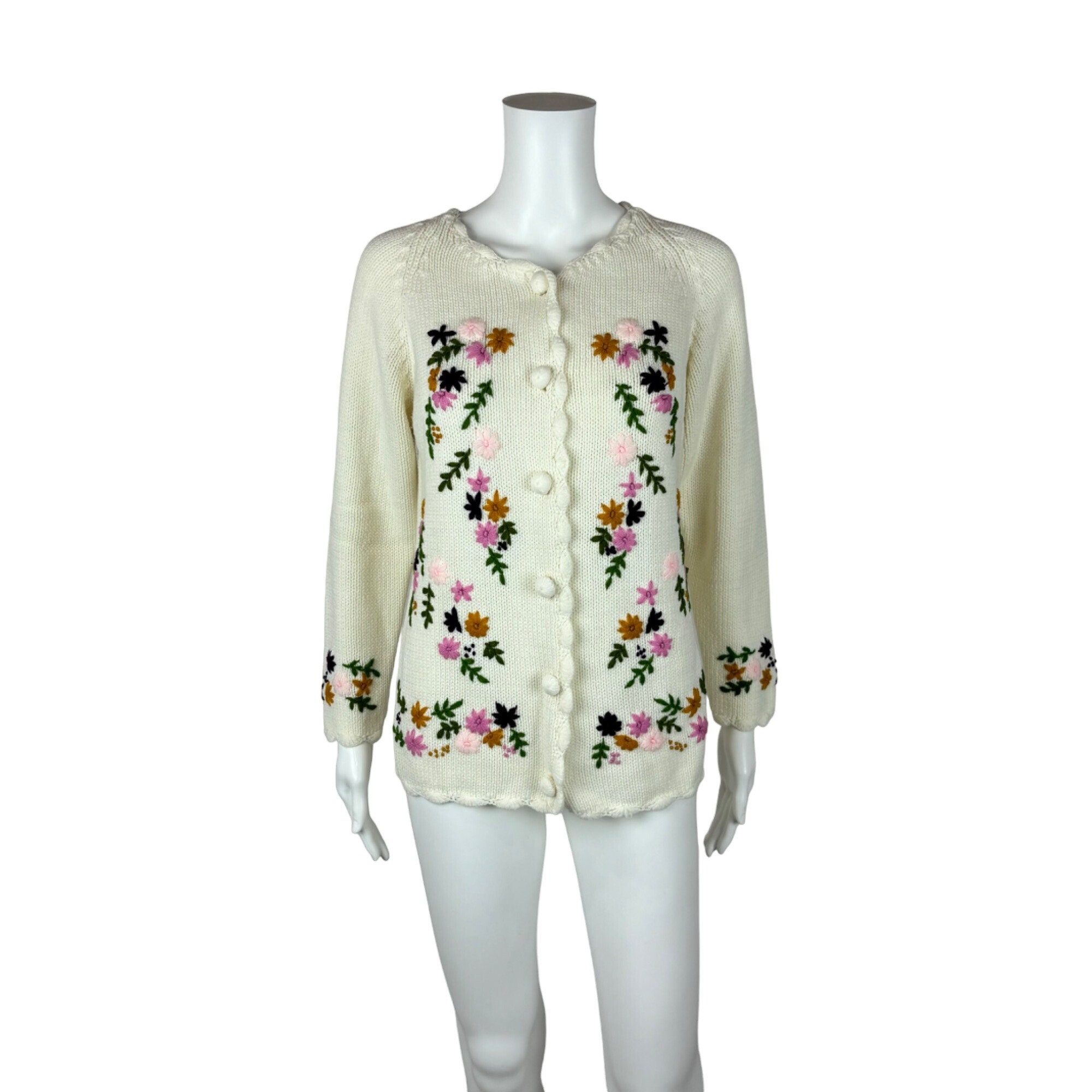 Vintage 60s Floral Cardigan Embroidered Cream Multi Color Acrylic