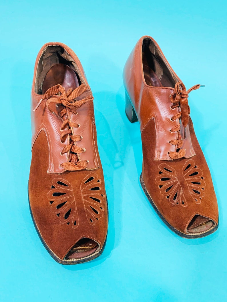 Easi-Gait Brown Lace Up Oxfords Vintage 1930s Rust Heels
