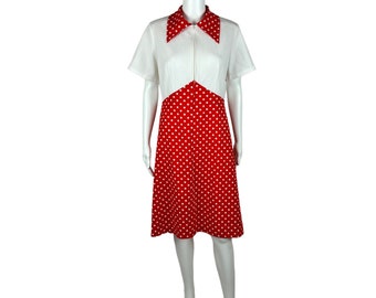 Vintage 70s Polka Dot Dress Women's Large Red White Front Zip Up Mini Minnie Babydoll