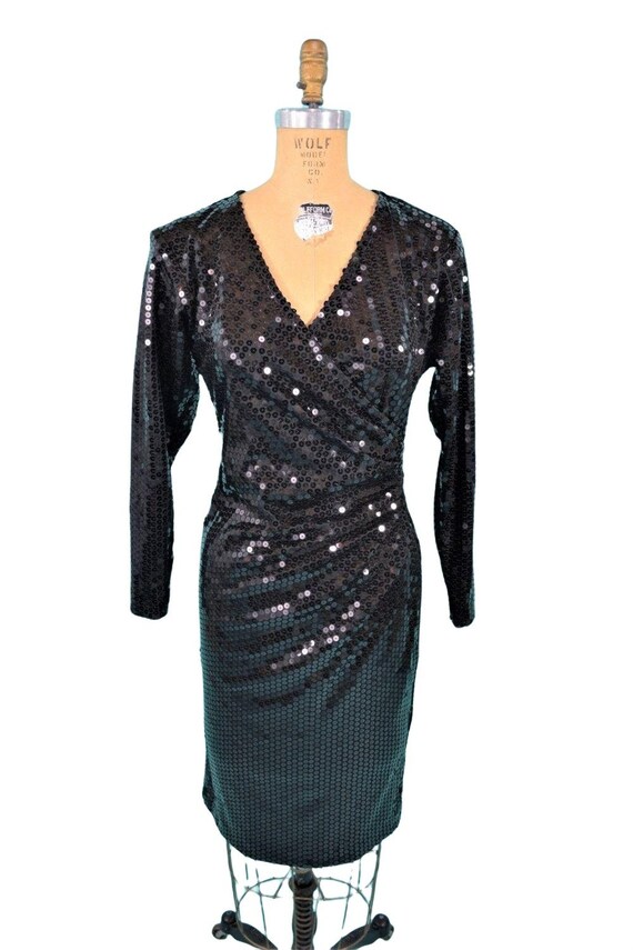 Vintage 80s Sequin Dress Womens Small Black 80s Surplice Cocktail Sheath