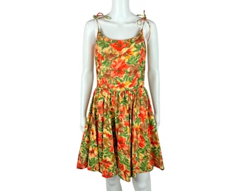 Vintage 50s Hawaiian Dress Women's Small Hibiscus Floral Print Sundress Waltah Clarke's