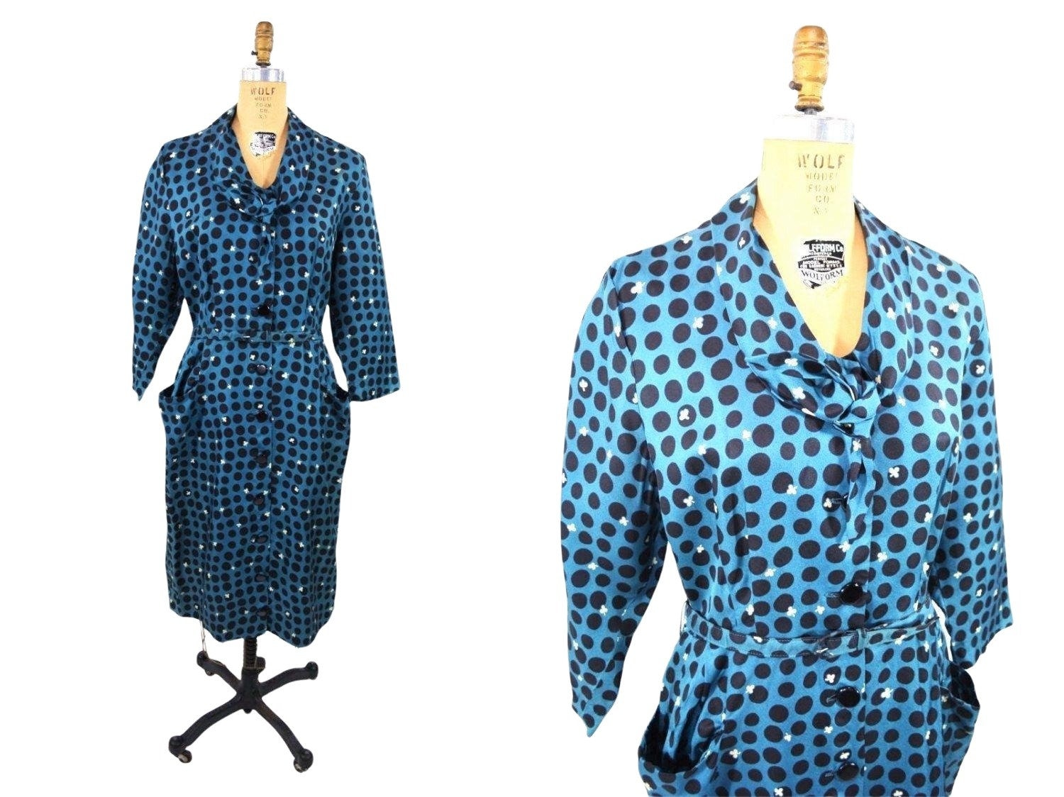 1940s Mens Ties | Wide Ties & Painted Ties Vintage 1940S Polka Dot Dress Clubs Novelty Print Blue Shirtdress  W 32 $188.00 AT vintagedancer.com