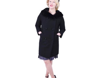 Vintage 60s Black Coat Womens Small Fur Collar Mod Double Breasted