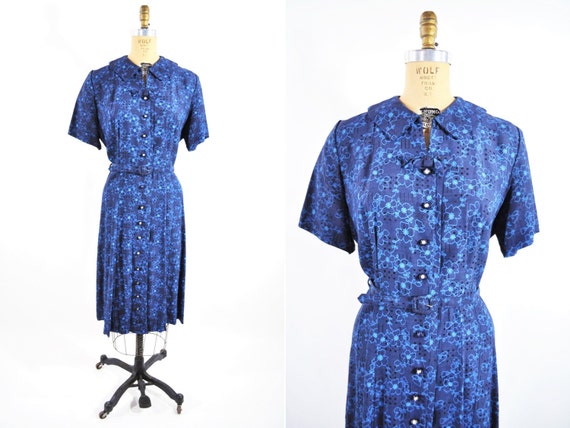 Vintage 1950s Floral Dress | Blue Rhinestone Butto