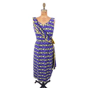 Vintage 50s Tropical Dress Womens XS Sarong Style Purple Yellow Floral Pin Up
