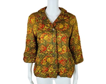 Vintage 60s Quilted Paisley Bed Jacket Red Green Mid Century Lingerie