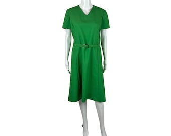 Vintage 70s Shift Dress Women's Large Solid Green V-Neck Belted Kangaroo Pockets Secretary
