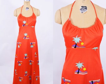 1970s halter dress | red scoop neck palm tree novelty print maxi dress | vintage 70s dress | W 27"