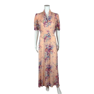 Vintage 40s Dressing Gown Women&#39;s Small Pale Pink Floral Print Rayon Robe