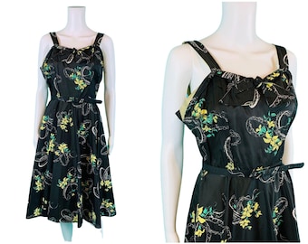 Vintage 1950s Party Dress Black Yellow Floral Print Belted Taffeta