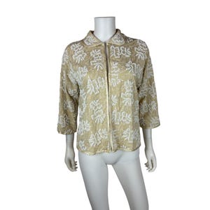 Vintage 50s Beaded Cardigan Womens Large Cream White Lace Silk Blouse