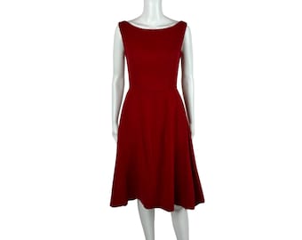 Vintage jaren 60 rode jurk dames XS Fit & Flare boothals effen wol cocktailkerstfeest