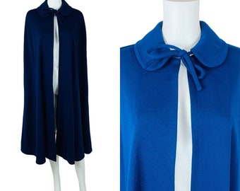 Vintage 80s Navy Cape Coat Necktie Solid Blue Cloak Crystal Plus Bergdorf Goodman