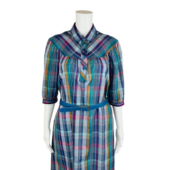 Vintage 1980s Purple Plaid Dress Blue Belted Shea… - image 3