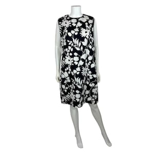 Vintage 60s Linen Dress Womens XL Black White Floral Print Volup Shift