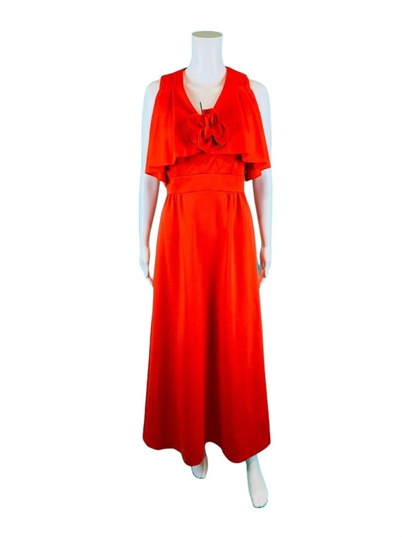 Vintage 1970s Maxi Party Dress Red Flutter Top Le… - image 2