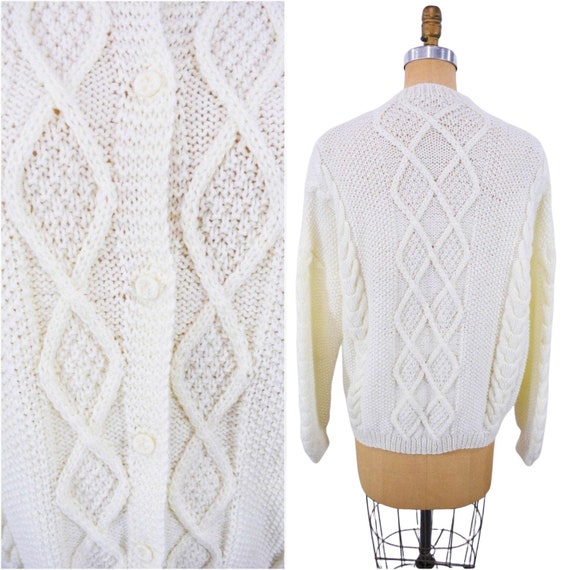Vintage 1980s Cable Knit Cardigan Solid Cream Ove… - image 5
