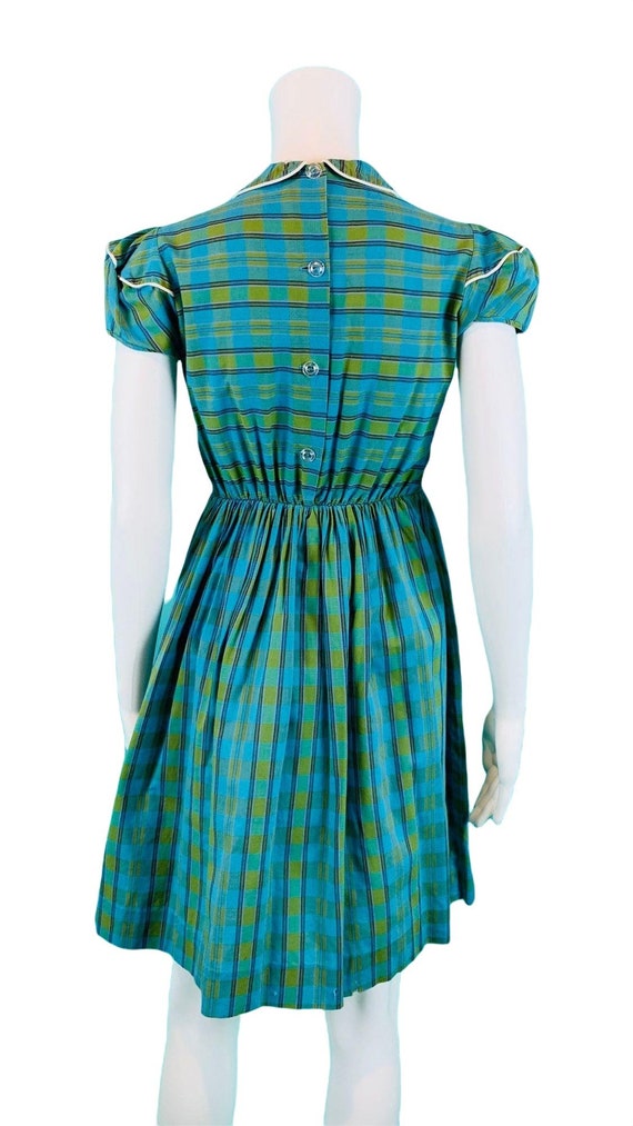 Vintage 1940s Blue Green Plaid Dress Puff Sleeve … - image 9