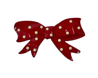 Vintage 1980s Bow Brooch Red White Polka Dots Plastic Pin