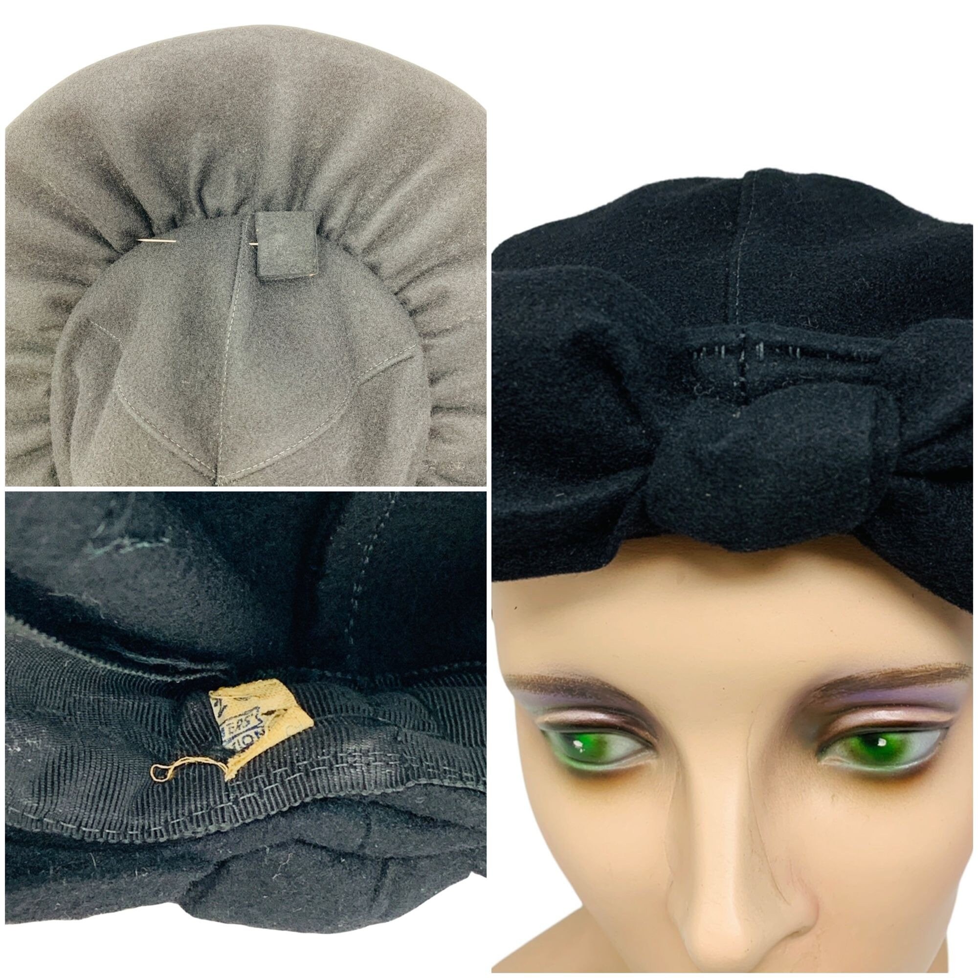Vintage 1940s Black Wool Round Bow Hat With Arrow Brooch  display picture 2