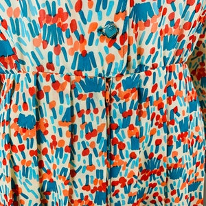 Vintage 1980s Silk Shirtdress Necktie Red Orange Blue Artistic Printed Dress W 27 image 5