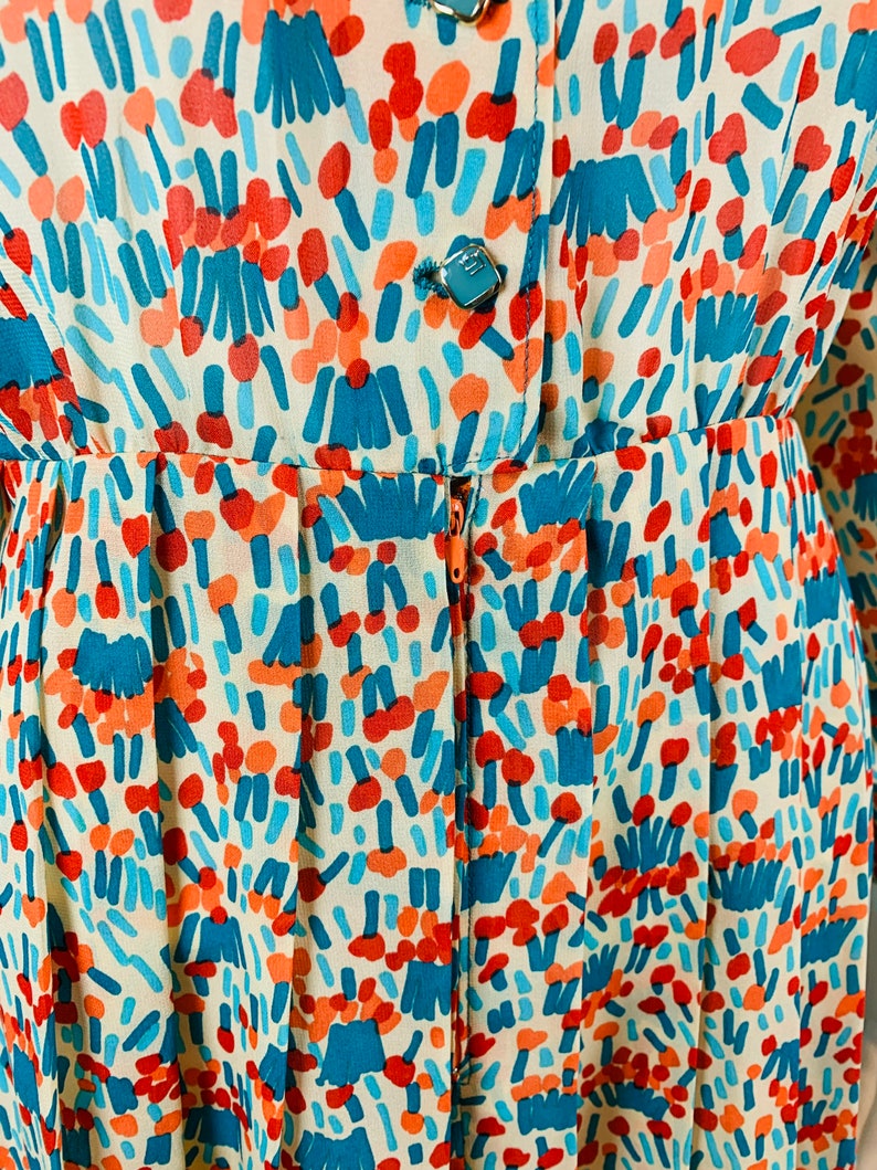 Vintage 1980s Silk Shirtdress Necktie Red Orange Blue Artistic Printed Dress W 27 image 5