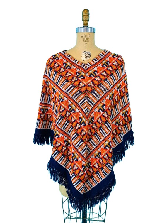 Vintage 1970s Knit Cape Bohemian Navy Ikat Poncho… - image 3