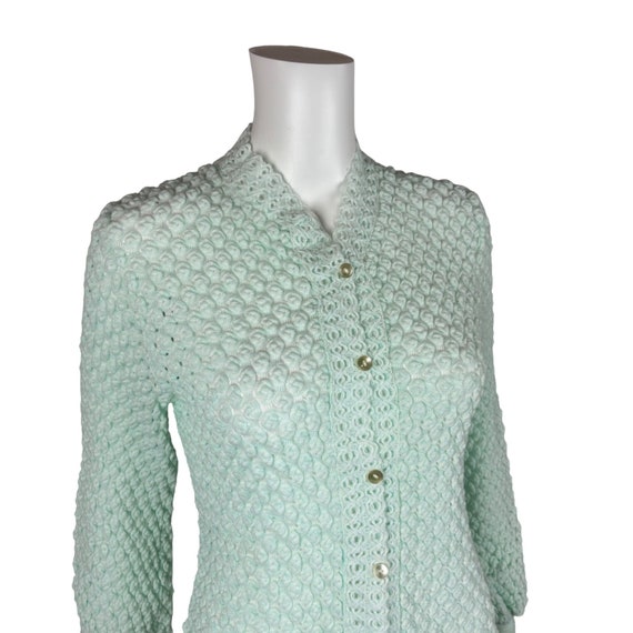 Vintage 60s Aqua Cardigan Bubble Knit Sheer Acryl… - image 3