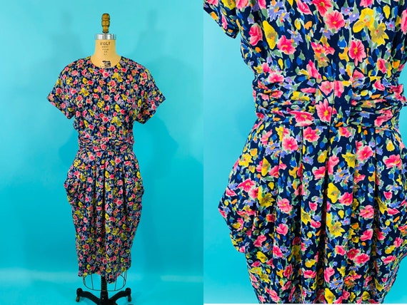 Vintage 1980s Floral Dress | 1940s Style Watercolo