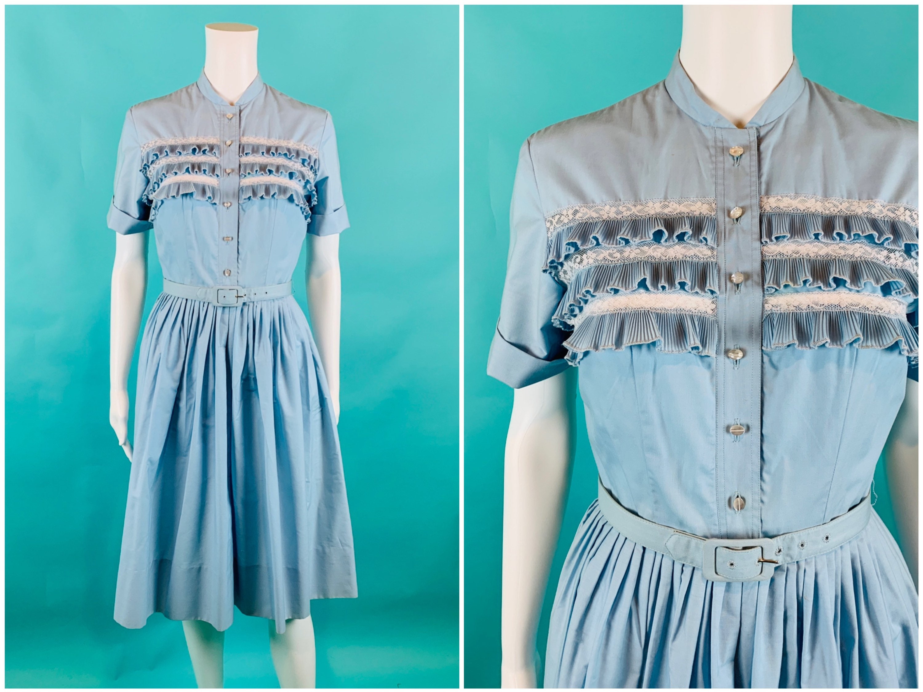 Vintage 1960s Shirtdress Light Blue Ruffle Full Skirt Dress | Etsy