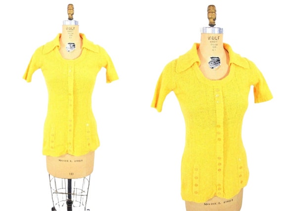 Vintage 1970s Tunic Top Mustard Yellow Knit Wool … - image 1
