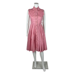Vintage 50s Pink Shirtdress Women&#39;s Size XXS Cotton Button Up Scallop Trim Fit Flare Dress