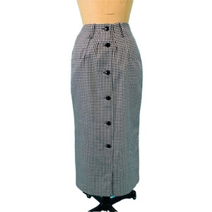 Vintage 1960s Long Mod Skirt Checkered Black White Button Down | W 25"