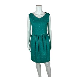 Vintage 90s Teal Dress Women&#39;s Small Laura Ashley Polka Dot Scalloped Neckline Sheath Retro