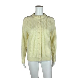 Vintage 70s Cardigan Women&#39;s Medium Cream Acrylic Cable Knit Sweater Kimlon