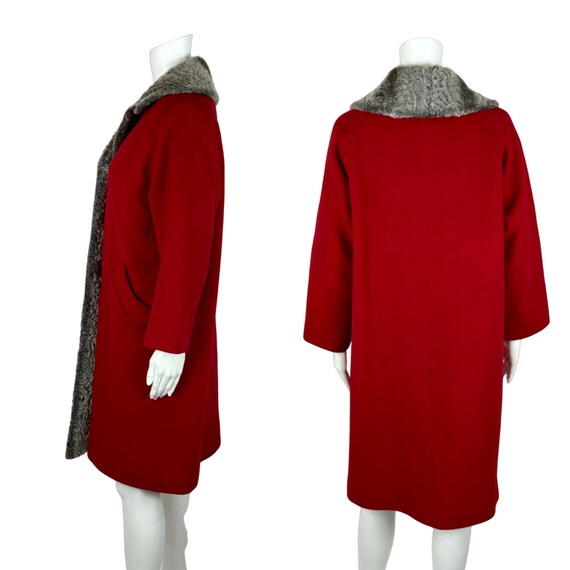 Vintage 50s Coat Cherry Red Gray Faux Fur Collar … - image 8