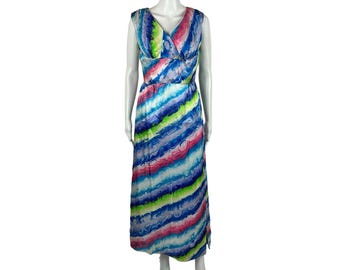 Vintage 60s Maxi Dress Women's Small Blue Watercolor Formal Gown Party Maximalist