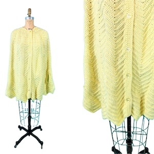 Vintage 1960s Crochet Cape Yellow Chevron Knit Button Down Sweater