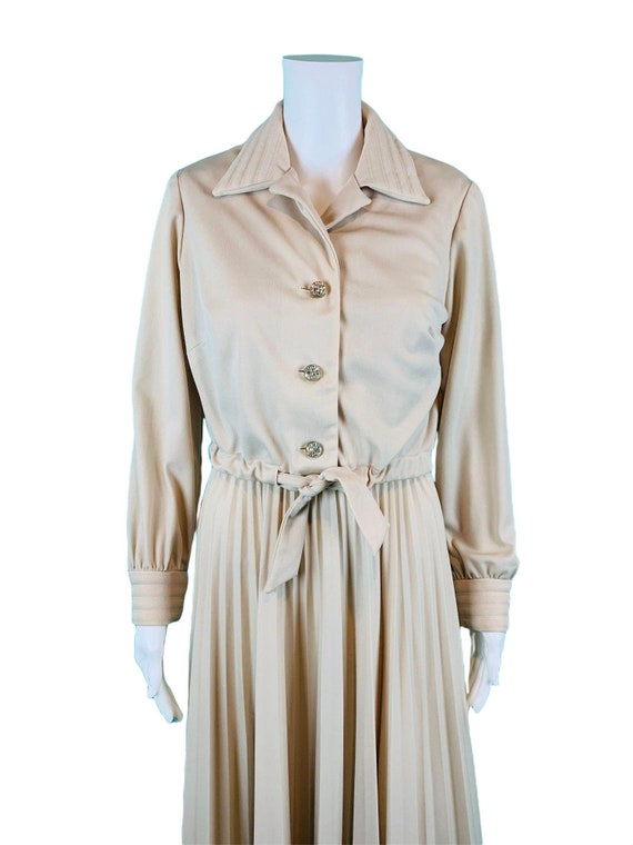 Vintage 1970s Dress Set Khaki Rhinestone Buttons … - image 3