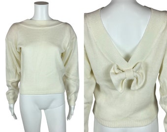 Vintage 80s Bow Sweater V-Neck Back Cream Women's Pullover