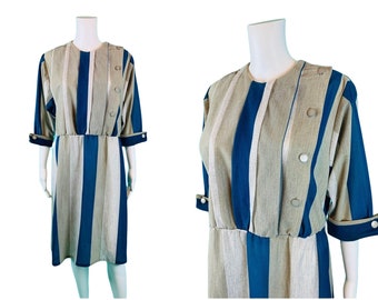 Vintage 1980s Striped Dress Gray Blue Button Up Shirtdress | W 37-44"