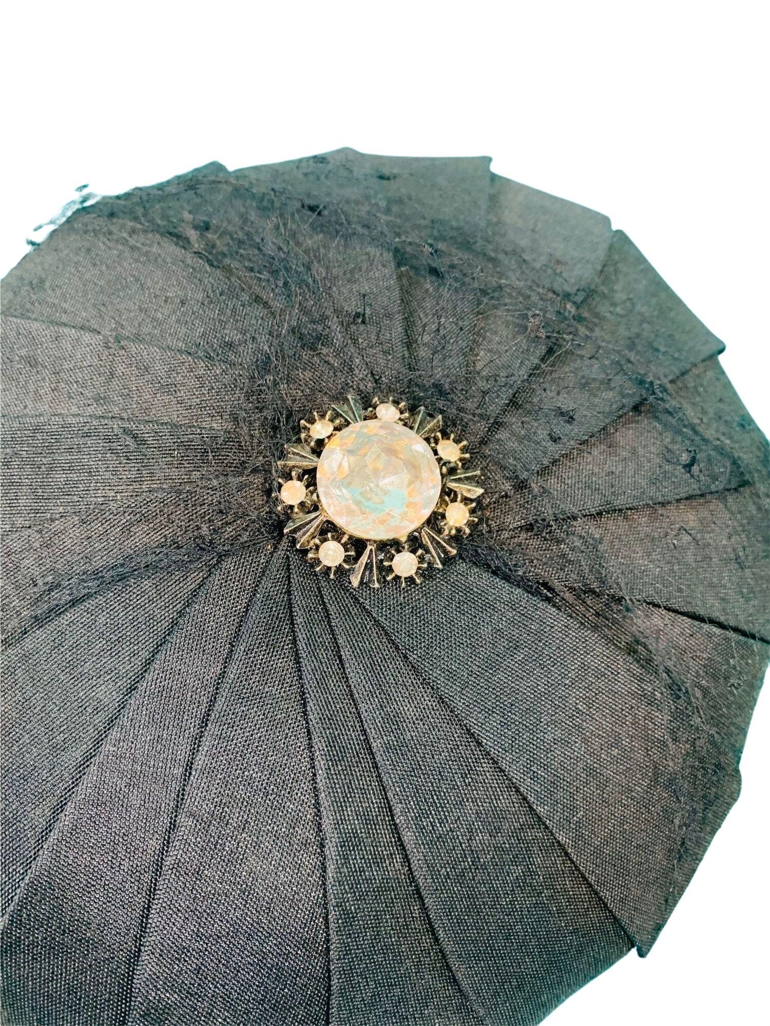 Vintage 1950s Petal Hat Round Black Abraham & Straus Rhinestone Beret Black Velvet Cocktail Hat, Red Rhinestones | Drinks Anyone? main image 4