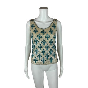 Vintage 50s Sequin Top Women&#39;s Extra Small Blue Beaded Sleeveless Shell Glamorous