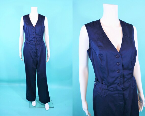 Vintage 1970s Jumpsuit | Whip-O-Will Navy Blue Button Down Jumpsuit