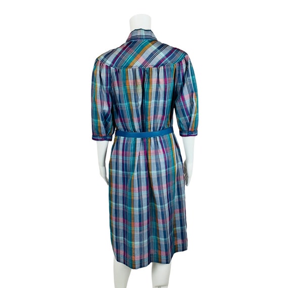 Vintage 1980s Purple Plaid Dress Blue Belted Shea… - image 9