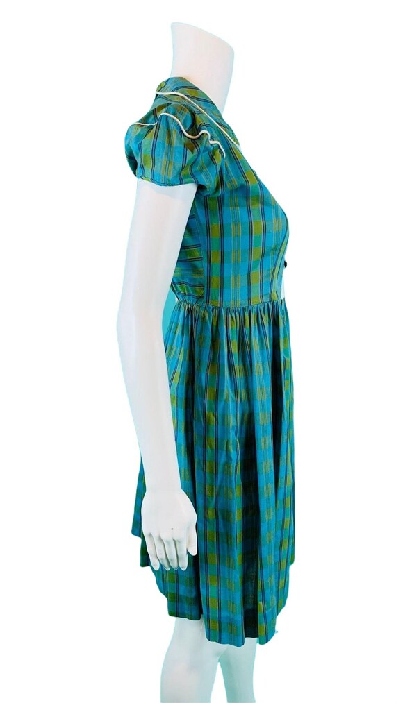 Vintage 1940s Blue Green Plaid Dress Puff Sleeve … - image 8