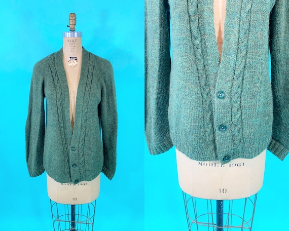 Vintage 1960s Green Cardigan | Knit Mens Style Gra