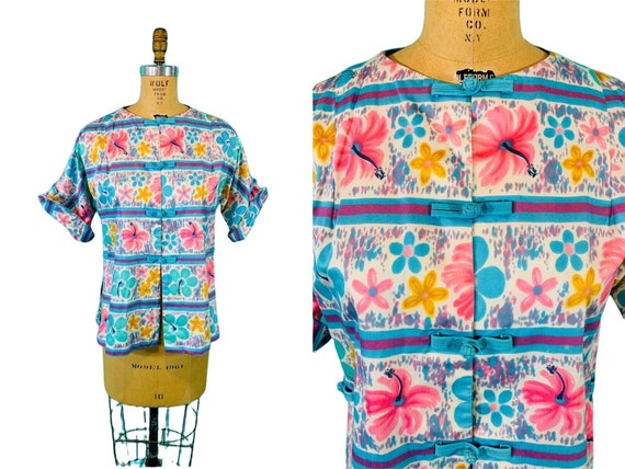 Vintage 1960s Hawaiian Top Honolulu Colorful Hibi… - image 1